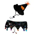 Halloween pet costume set featuring a pumpkin witch hat and colorful skull collar with bells. - S / Black Skull Collar Hat