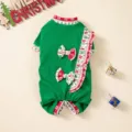 Christmas green pet jumpsuit with bow decoration and festive snowflake ruffles for dogs. - XS / Green with Red Lace