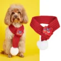 Red knitted pet scarf with cute lion dance plush decor and white pom-pom for small dogs cats. - S / Red Lion New Year Scarf