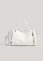 White studded handbag detail with quilted stitching design, elegant daily commuter shoulder bag. - White