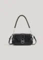 Detailed view of the black leather baguette shoulder bag with metal chain and lock buckle. - Black