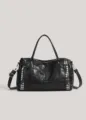 Classic black leather tote bag with stylish metal studs, large capacity handbag for women. - Black