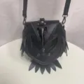 Gothic dark fantasy crow style shoulder bag detail, creative black PU leather crossbody bag. - Black