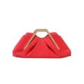 Detail shot of red pleated clutch bag with golden rigid metal geometric top handle. - Matte Red