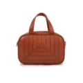 Stylish brown PU leather handbag with geometric quilting, dual top handles and versatile strap. - Brown