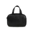Black top handle bag for women commute faux leather handbag geometric stitched shoulder bag - Black