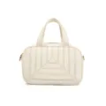 White geometric stitched handbag stylish shoulder crossbody bag featuring dual top handles - White
