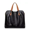Black soft leather tote bag with brown handles, large capacity commute shoulder handbag. - Black
