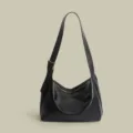 Black slouchy shoulder bag soft leather hobo purse casual minimalist crossbody bag daily wear - Black