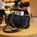 Black nylon underarm shoulder bag with chain strap, stylish motorcycle style daily handbag. - Black