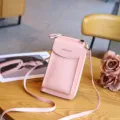 Pink mini crossbody phone bag for women, PU leather small shoulder bag with strap and slots. - Pink