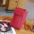 Red PU leather mini crossbody phone bag with front pocket and zipper for women daily use - Red