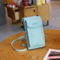 Light blue PU leather crossbody phone bag mini shoulder bag with front flap and zipper. - Green