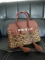 Leopard Print Colorblock Handbag Cute Birkin Style Tote Bag with Plush Legs and Lock Hardware - Leopard Brown