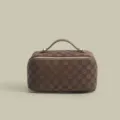 Brown checkered toiletry bag, vintage portable cosmetic bag, large capacity travel storage pouch. - Brown Checkered