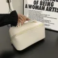 Minimalist cream white makeup bag, large capacity portable cosmetic travel organizer. - Solid White