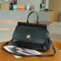 Classic black leather top-handle handbag vintage retro briefcase stylish women shoulder bag - Black