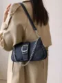 Stylish dark denim shoulder bag with silver chain and chic buckle for women's daily wear. - Black