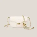 White quilted shoulder bag with gold chain strap, stylish chic crossbody bag for women. - White