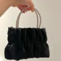 Black pleated evening clutch bag with sparkling rhinestone rings handle for women elegant. - Black