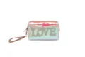 Holographic PVC Cosmetic Bag, Waterproof Toiletry Pouch with Rhinestone LOVE Letter and Strap. - LOVE Rhinestone Style / Bright Pink