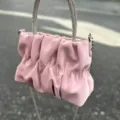 Pink pleated cloud shoulder bag with dazzling rhinestone handle and elegant chain strap. - Pink