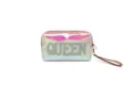 Holographic PVC cosmetic bag with rhinestone QUEEN lettering and portable wrist strap variant. - QUEEN Rhinestone Style / Bright Pink