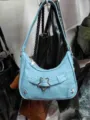 Blue denim baguette shoulder bag with star buckle, trendy chic underarm bag for women daily use - Denim Blue