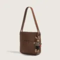 Brown PU leather shoulder bag for women, casual crossbody bucket bag with cute bunny pendant. - With Doll Pendant / Coffee