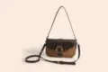 Vintage brown suede contrast shoulder bag with metal buckle, stylish versatile crossbody bag. - Brown