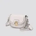 Chic white women saddle bag with black piping and gold metal lock. Stylish vintage crossbody bag. - Full Leather White