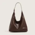 Dark brown slouchy hobo shoulder bag, casual minimalist large capacity tote for daily commute. - Coffee