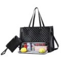 Black quilted tote bag with lunch box compartment and small pouch, large capacity for work. - Black