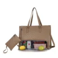 Large capacity quilted tote bag with lunch compartment, laptop storage, and matching pouch for women. - Khaki