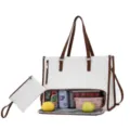 Detail view of large white quilted tote bag with brown trim and separate lunch storage compartment. - White and Brown