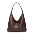 Brown soft leather tote shoulder bag for women, large capacity casual commuting handbag detail. - Coffee