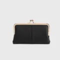 Black leather kiss lock coin purse vintage clutch wallet with gold frame for women. - Black