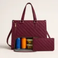 Large capacity quilted tote bag with bottom lunch compartment and matching pouch for women. - Purple