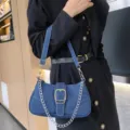 Stylish denim shoulder bag for women with chain strap and metal buckle trendy underarm purse - Dark Blue