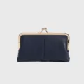 Navy Blue Genuine Leather Kiss-Lock Coin Purse Vintage Small Clutch Wallet Compact - Blue