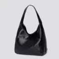 Black leather shoulder bag, minimalist hobo tote bag for daily casual commute and versatile use. - Black