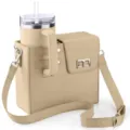 Beige tumbler carrier bag with strap, portable PU leather crossbody cup pouch for outdoor use. - Apricot
