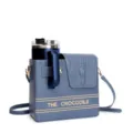 Blue leather water bottle crossbody bag with crocodile flap and embroidered text. - Gift Box / Blue