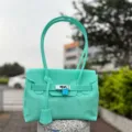 Mint green PVC jelly shoulder bag, Kelly style tote handbag with padlock and top handles. - Mint Green Small