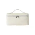 Detail view of white PU vanity bag with double zip and top handle, elegant texture design - White