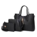 Black crocodile texture 3-piece handbag set, premium PU leather tote, shoulder bag pouch. - Black
