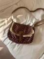 Vintage brown polka dot canvas shoulder bag with delicate lace trim and retro crossbody strap. - Coffee Bag