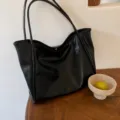Fashion black PU leather tote bag for women, large capacity casual shoulder handbag daily use. - Black