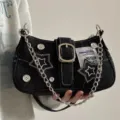 Y2K black denim shoulder bag with chain strap, star patches and buckle closure for women. - Black