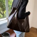 Stylish large brown leather tote bag for women, versatile single shoulder casual underarm bag. - Coffee